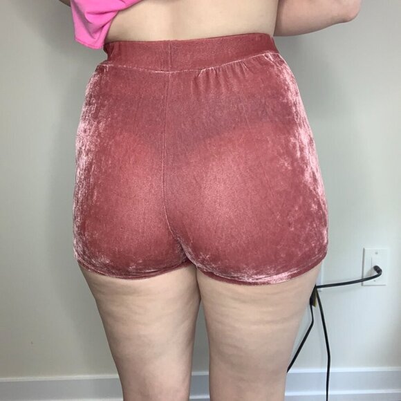 Women's Shorts Crushed Velvet Velour High Rise Waist Elastic waistband Rose Pink - Picture 10 of 14